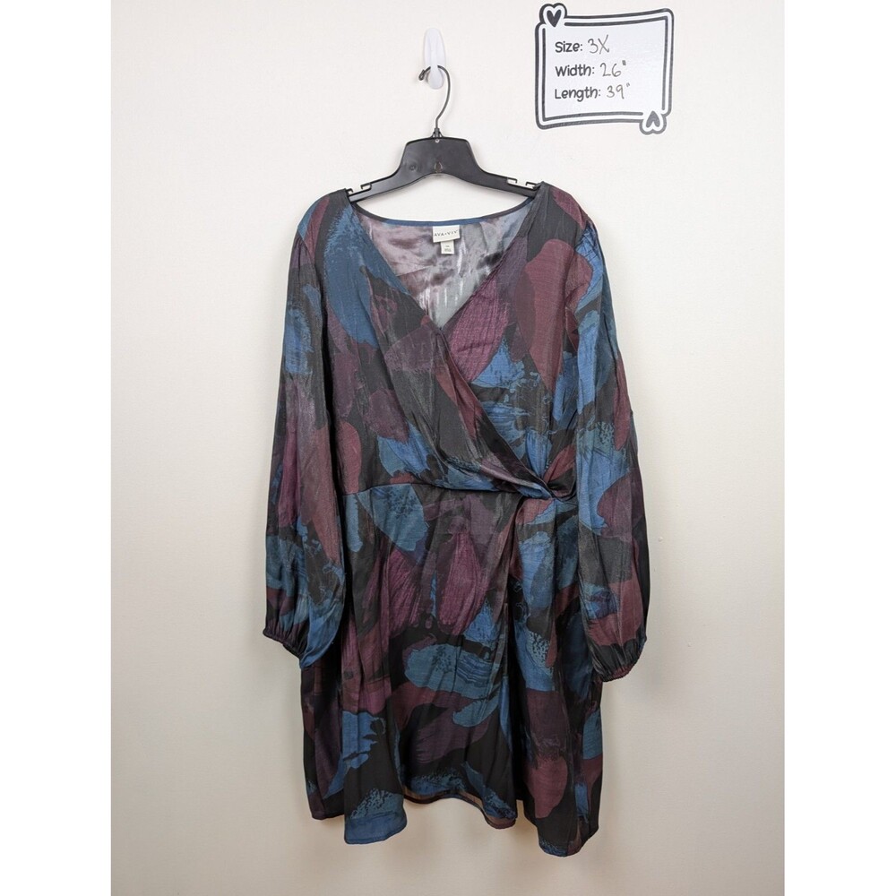 Ava & Viv V-Neck Blouson Dress Black Floral 3XL Surplice Neckline & POCKETS!